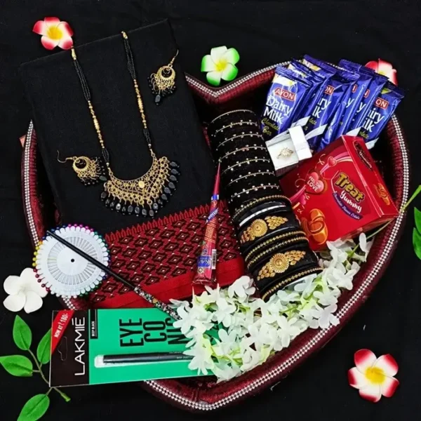 Black saree , tangailer saree কালো কালার  শাড়ি, গিফট প্যাকেজ - Image 2