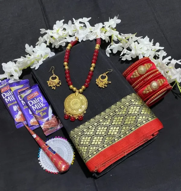 টাঙ্গাইলের হাফসিল্ক শাড়ির কম্বো প্যাকেজ  কালো কালার - Image 2