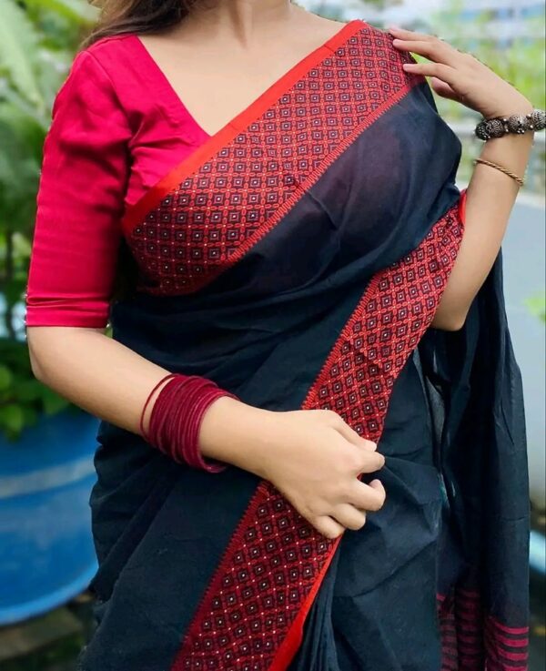 Black saree , tangailer saree কালো কালার  শাড়ি, গিফট প্যাকেজ - Image 3